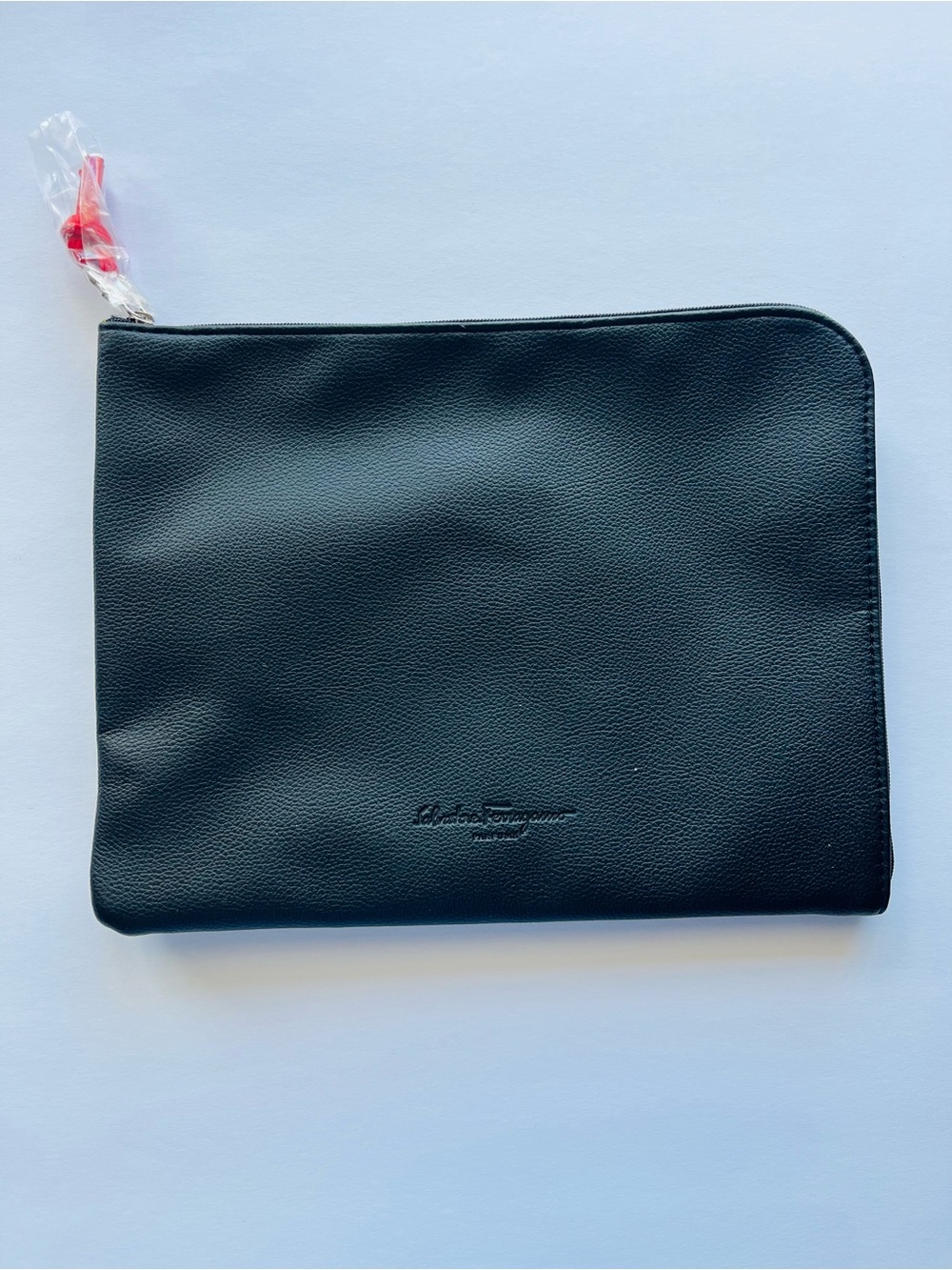 Salvatore Ferragamo Black Textured Zip Pouch Travel Document Clutch Italy